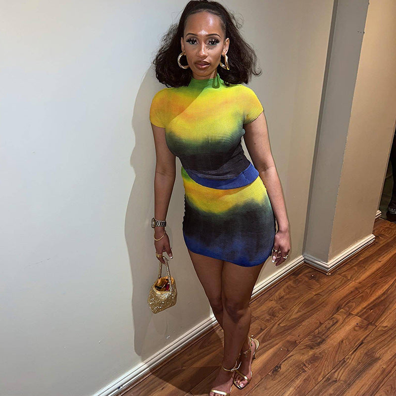 Temperament Commuter Slim Print Contrast Color Round Neck Short Sleeve Hip Skirt