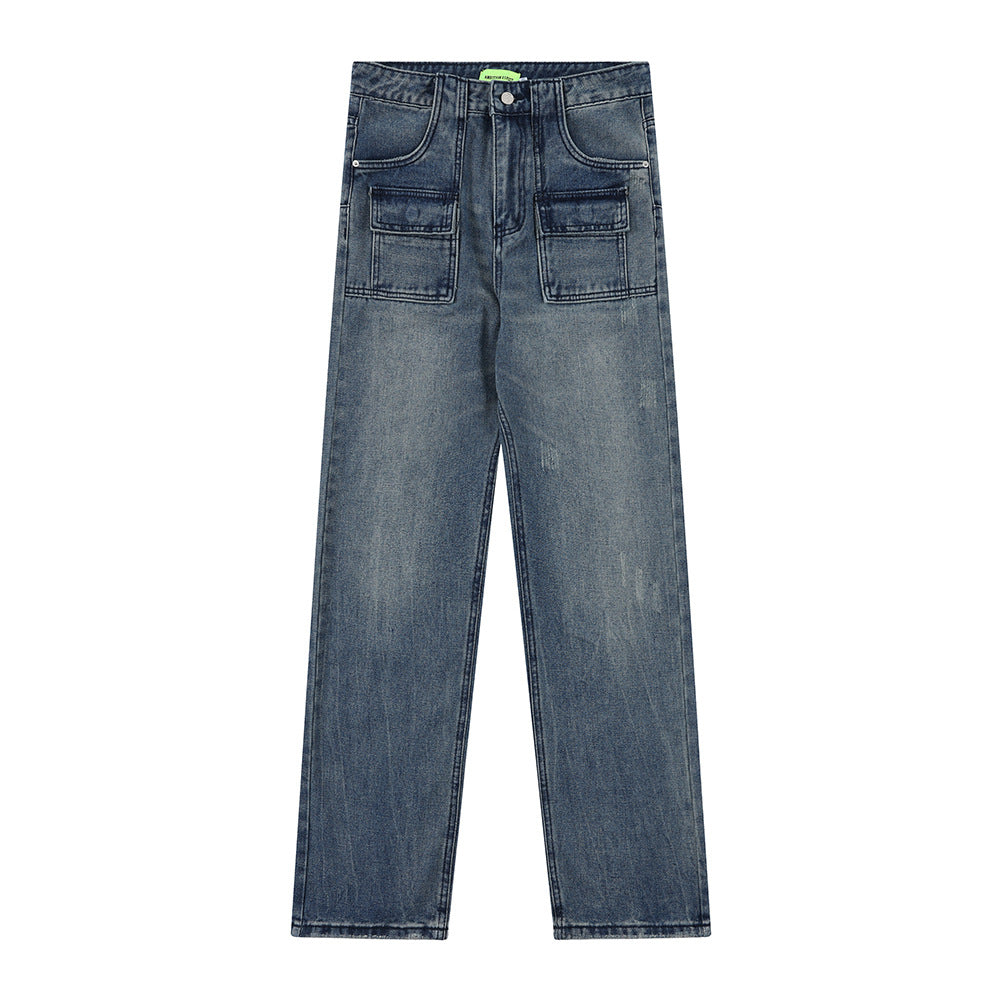 Men's High Street Loose Casual Washed And Worn Straight-leg Denim Pants