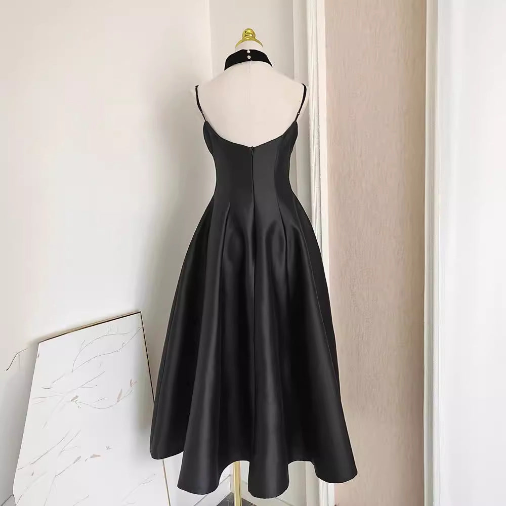 Velvet Splicing Sling Waist Slim Fit Dress Women