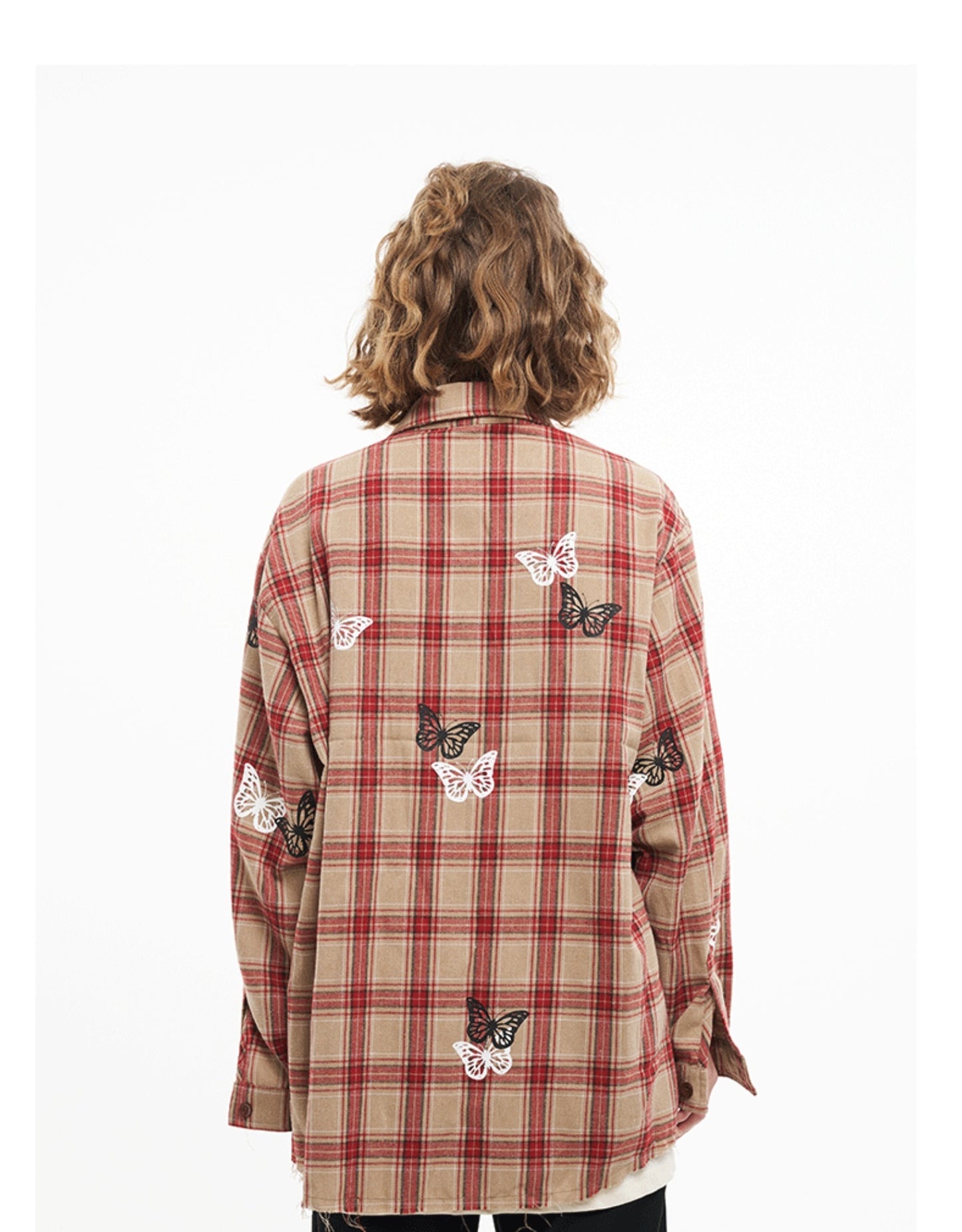 Veste ample à carreaux vintage à imprimé papillon