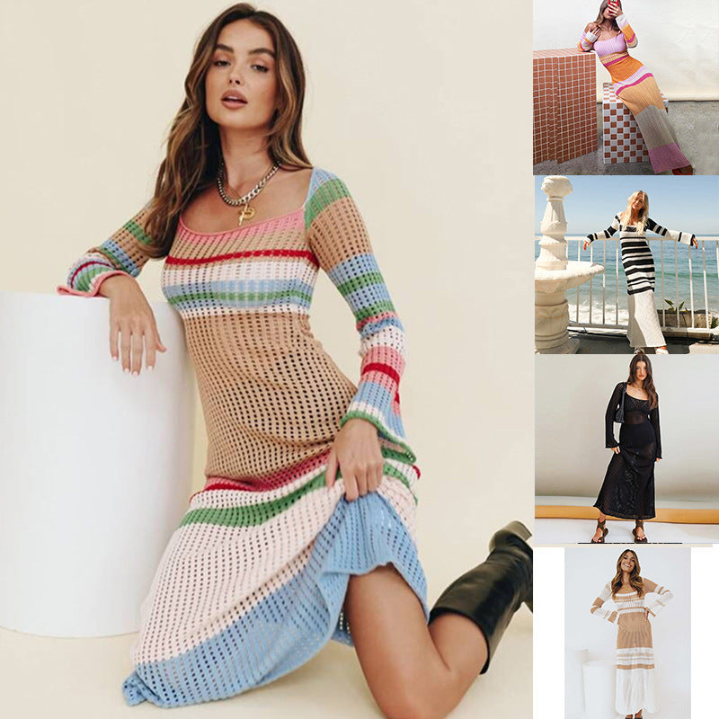 New Striped Colored Pullover Knitted Beach Bikini Blouse Long Dress