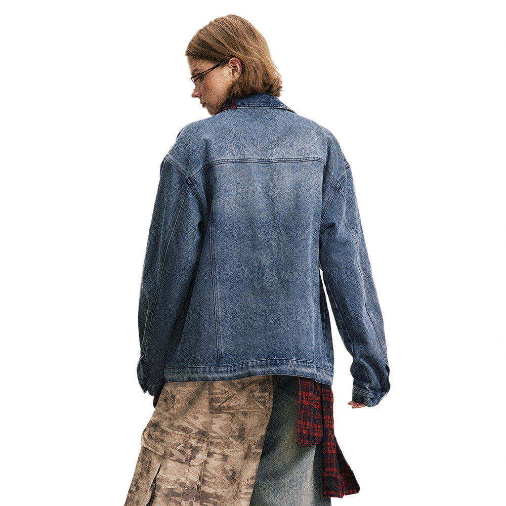 Giacca in denim a due pezzi con cuciture irregolari a quadri