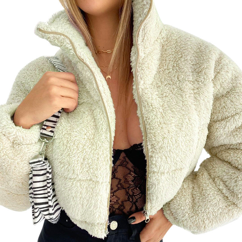Solid Color Plush Padded Zipper Short Coat