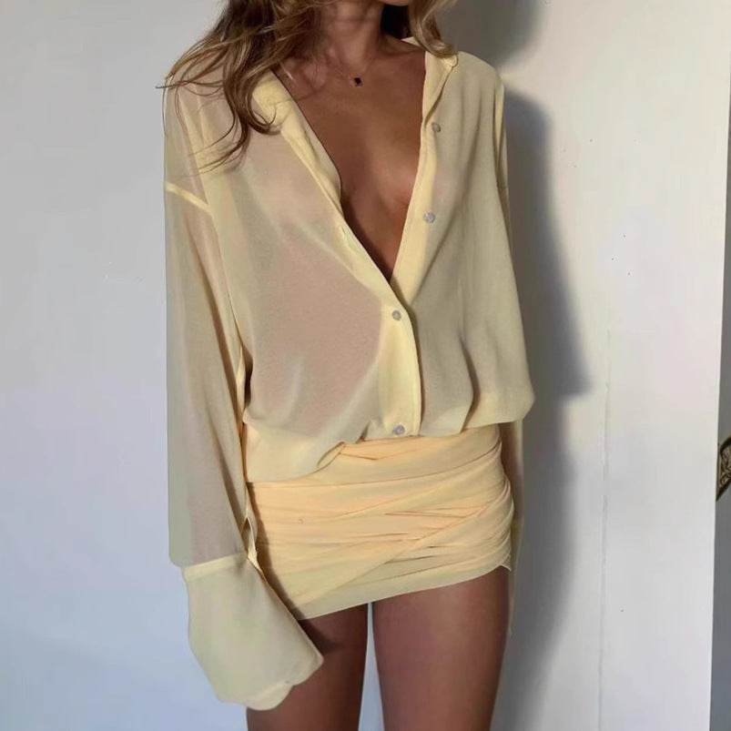 Spring New Elegant Sexy Lapel Slim-fit Sheath Lace-up Shirt Dress