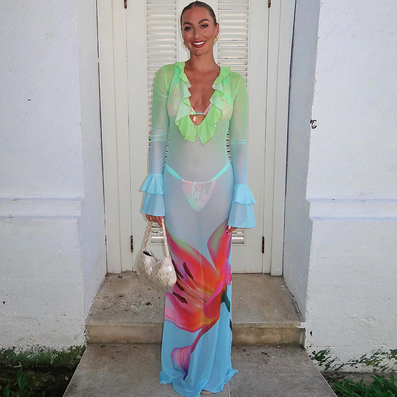 Robe longue à volants en maille imprimée à manches longues pour femme