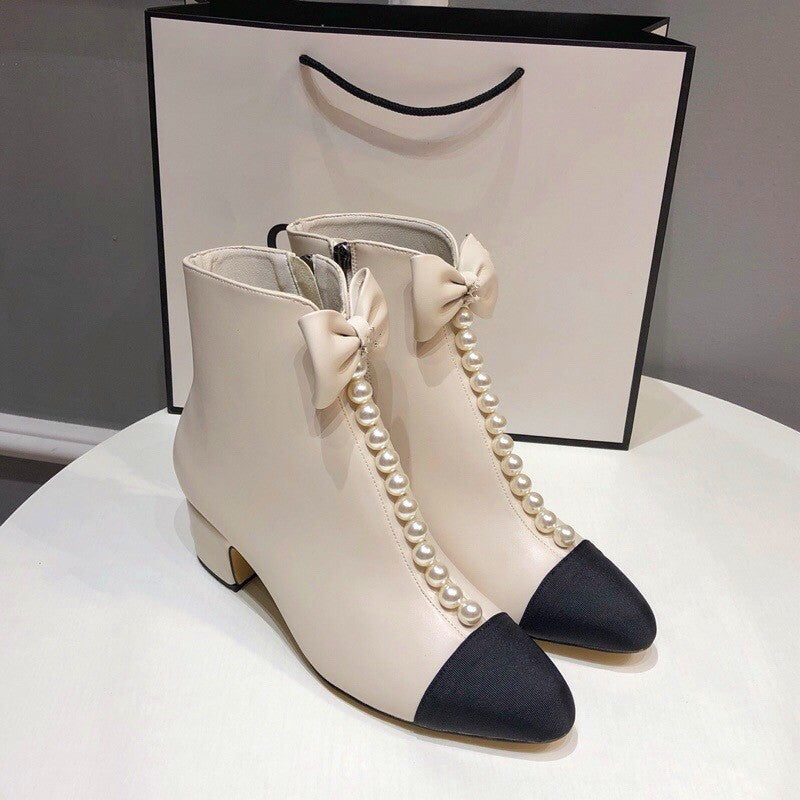 Thick Heel Pearl Bow Boots