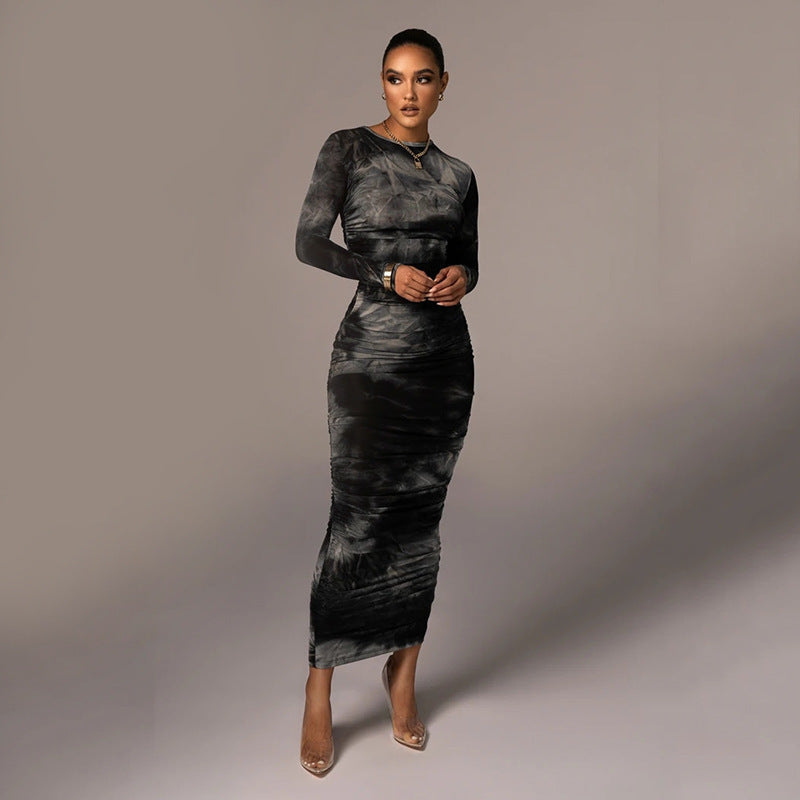 Robe imprimée à col rond, jupe amincissante et amincissante aux hanches