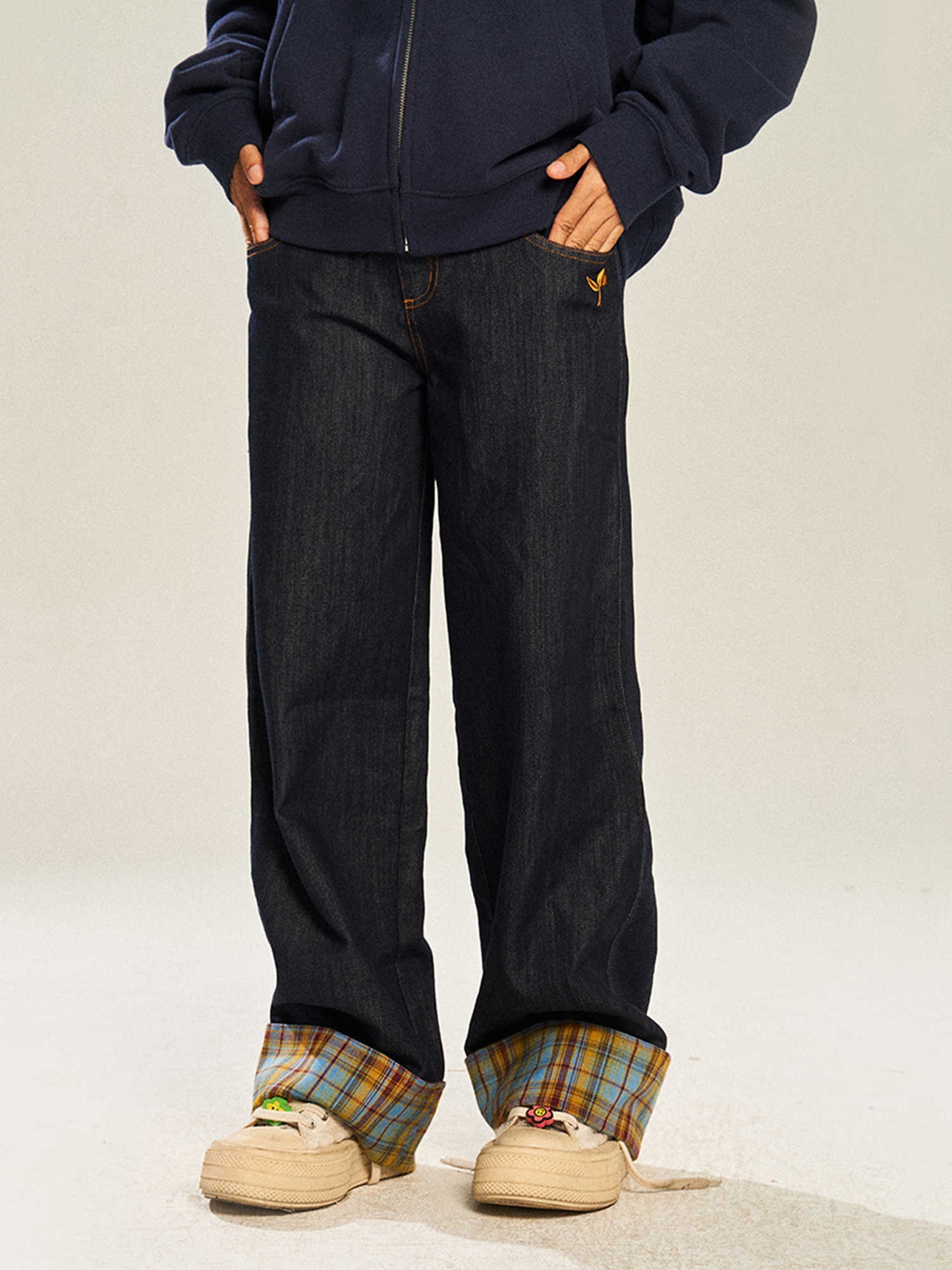 Jean décontracté à carreaux rétro, coupe droite et jambe large