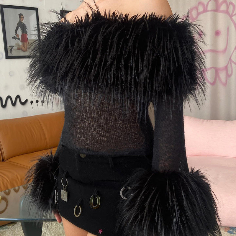 Off-shoulder Stitching Long Sleeve Short Top