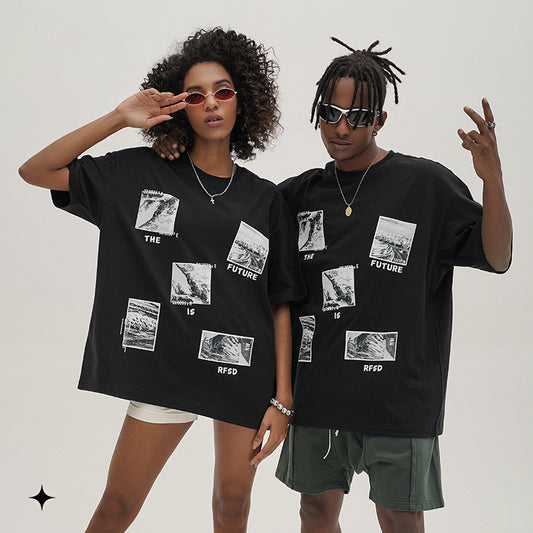 Loose Shoulder Style Cotton Printing Short Sleeve