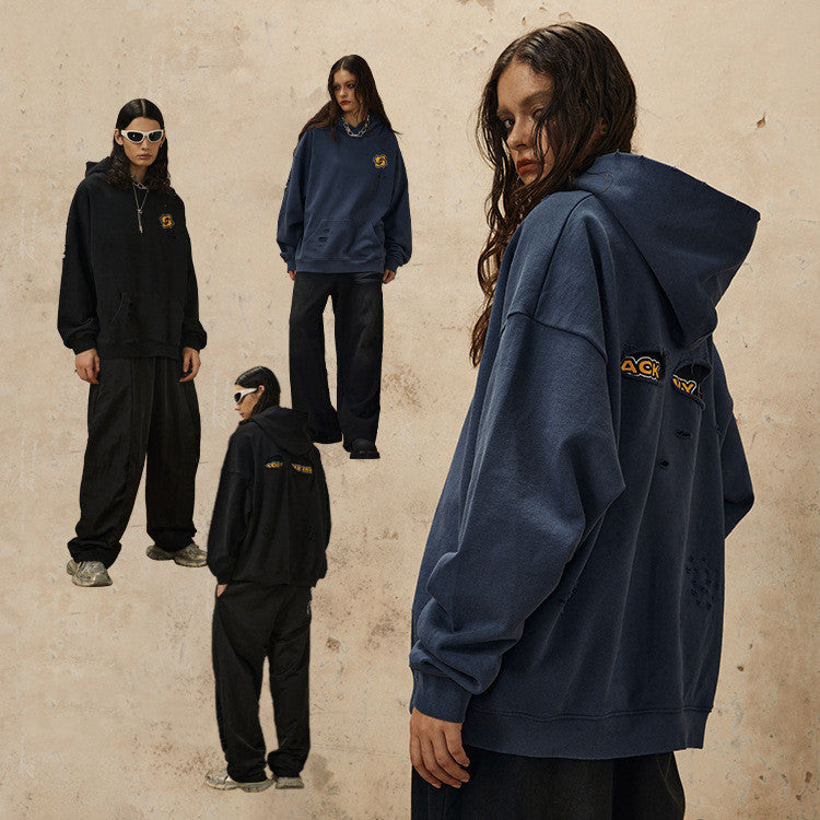 Sweat à capuche décontracté et usé, délavé et usé, assorti à tout