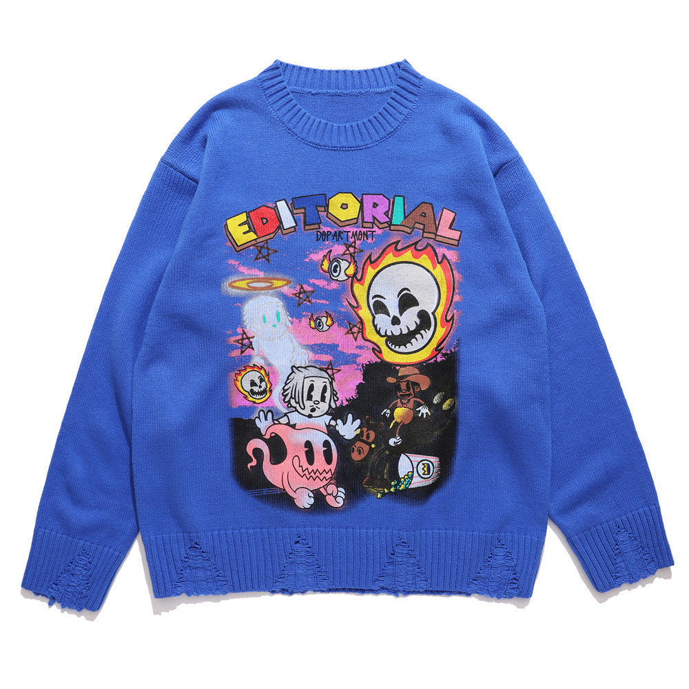 Cartoon Graffiti Printed Sweater Men's Loose Round Neck Sweater