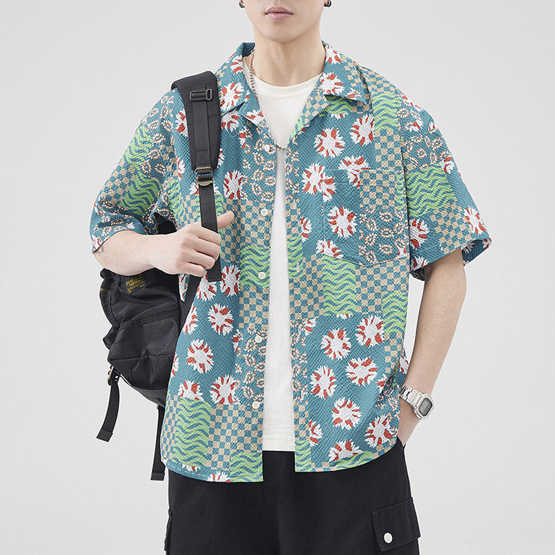 Chemise à manches courtes en seersucker de style hawaïen rétro pour homme