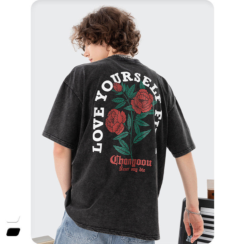 T-shirt d'été pour homme en coton lavé à manches courtes et imprimé vintage