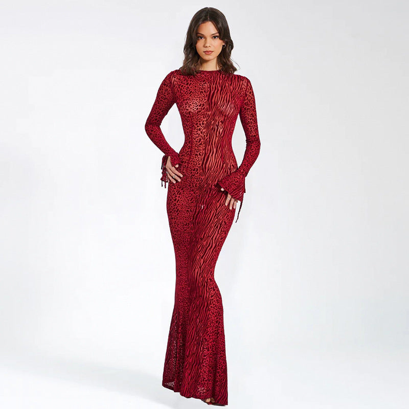 Line Mesh Floral Print Long Slim-fit Evening Dress