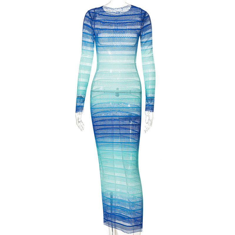 Fashion Gradient Printed Round Neck Long Sleeve High Waist Perspective Dress
