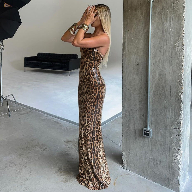 Robe tube sexy à imprimé léopard contrasté