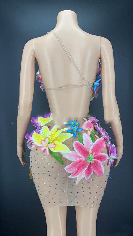 Floral Performance Costume Stage Rhinestone Sleeveless Dress