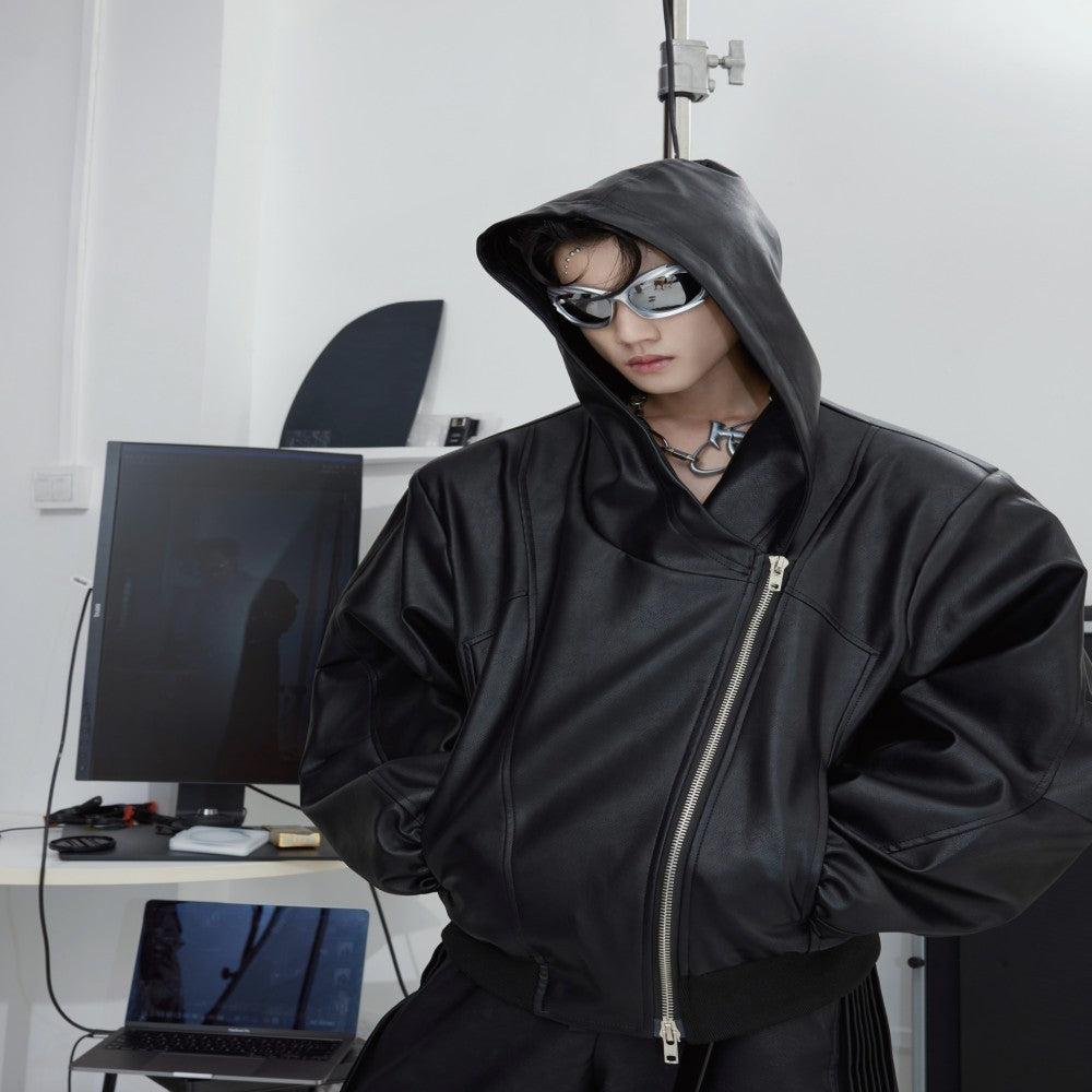 Zipper Hooded PU Leather Coat Loose Machete Sleeve Design Jacket