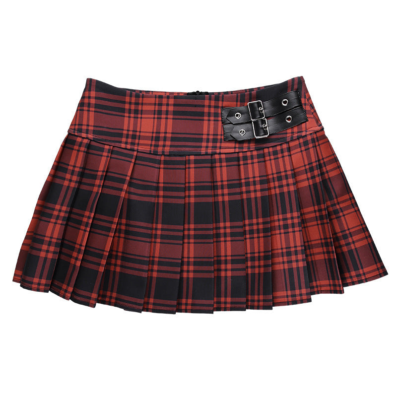 Contrast Color Check Leather Webbing Pleated Skirt High Waist Slim