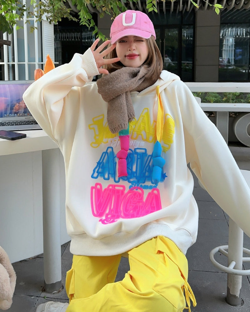 Velvet Padded Hooded Sweatshirt Loose Casual Hoodie