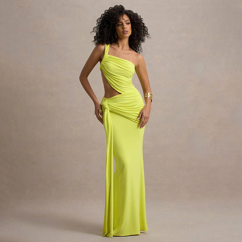 Robe plissée à bandes latérales irrégulières de couleur unie