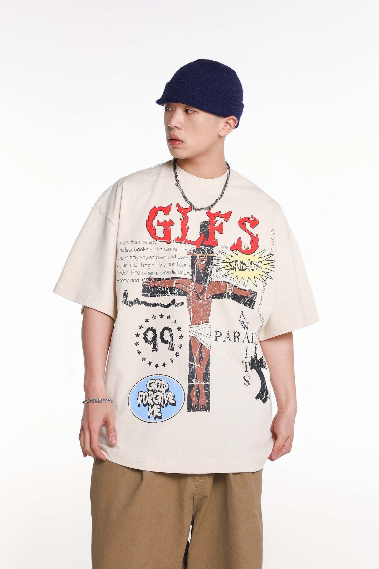 Cross Letter Print Loose Casual Short Sleeve T-shirt