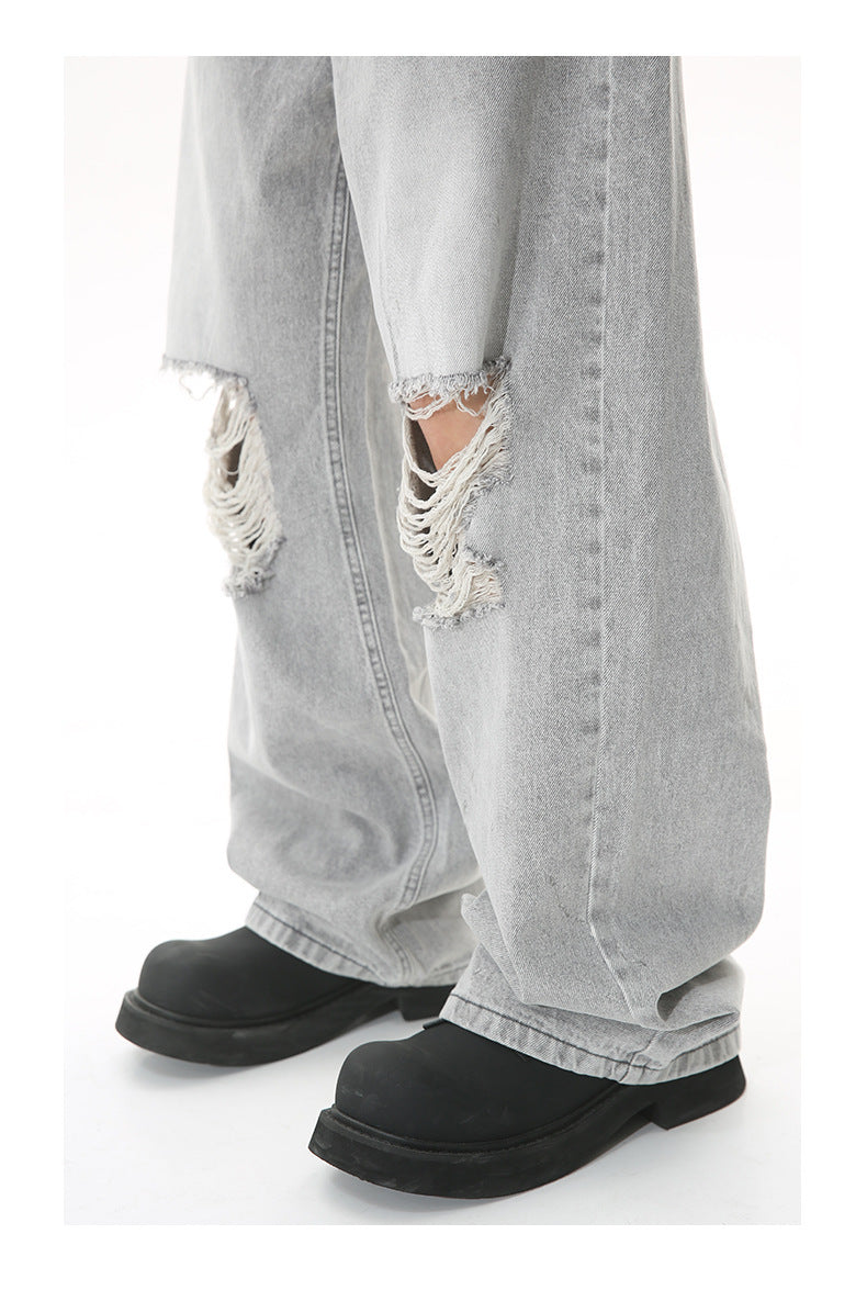 Men's Ripped Washed Light Gray Knee Ripped Wide-legged Straight-leg Denim Trousers