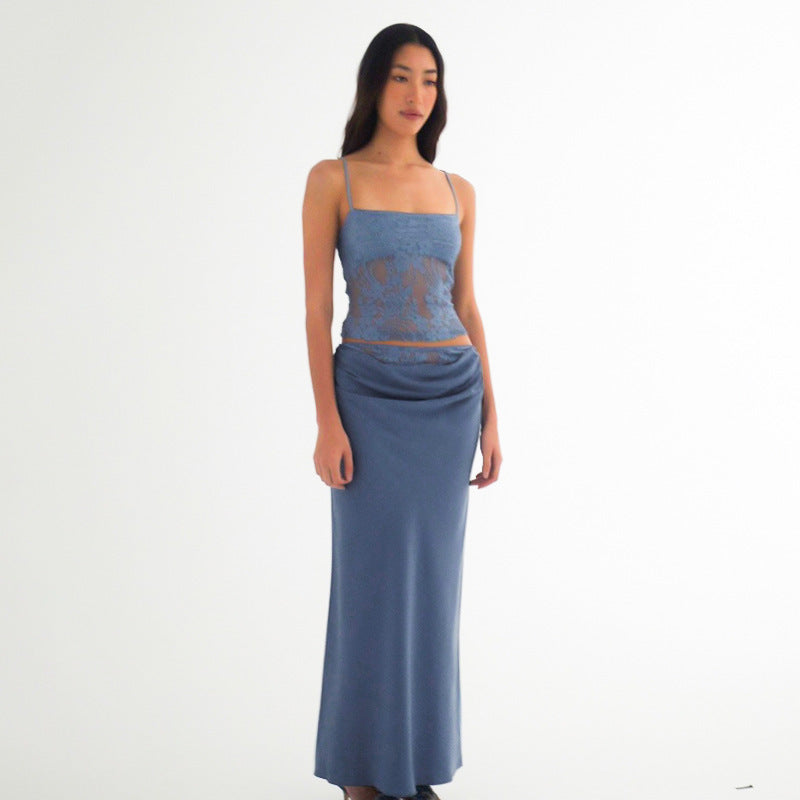 Lace Backless Tube Top Sling Stitching Ruffle Hip Skirt Suit