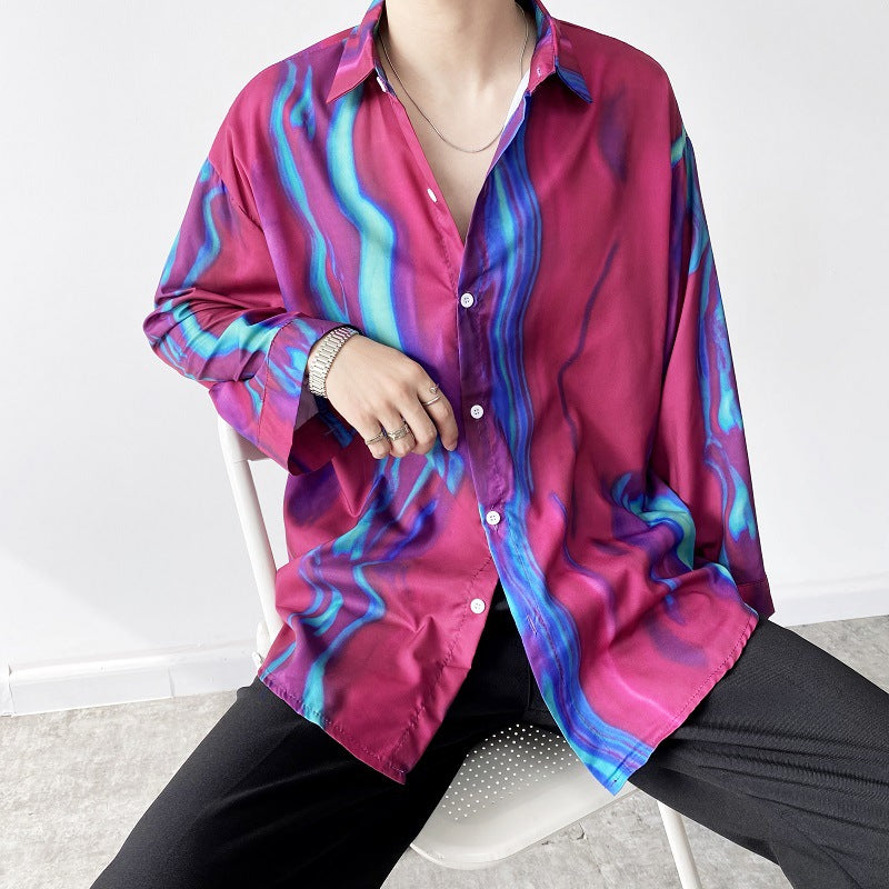Red And Blue Contrast Print Loose Shirt
