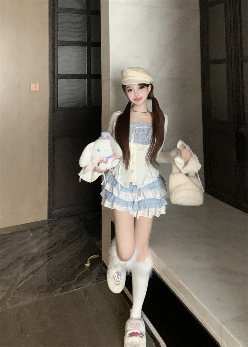 Waist-controlled Top Women's Autumn Tiered Skirt Short Skirt Two-piece Set