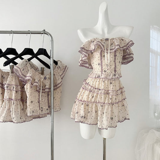 Ensemble deux pièces haut et jupe à fleurs violettes pour femme