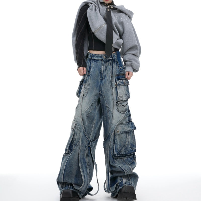 Worn Looking Washed-out Wide Leg Jeans Ribbon Winding Loose Multi-pocket