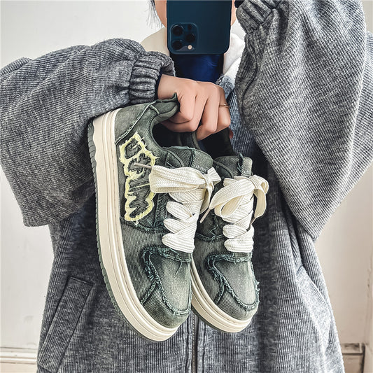 Chaussures en toile rétro décontractées et respirantes en denim à semelles épaisses