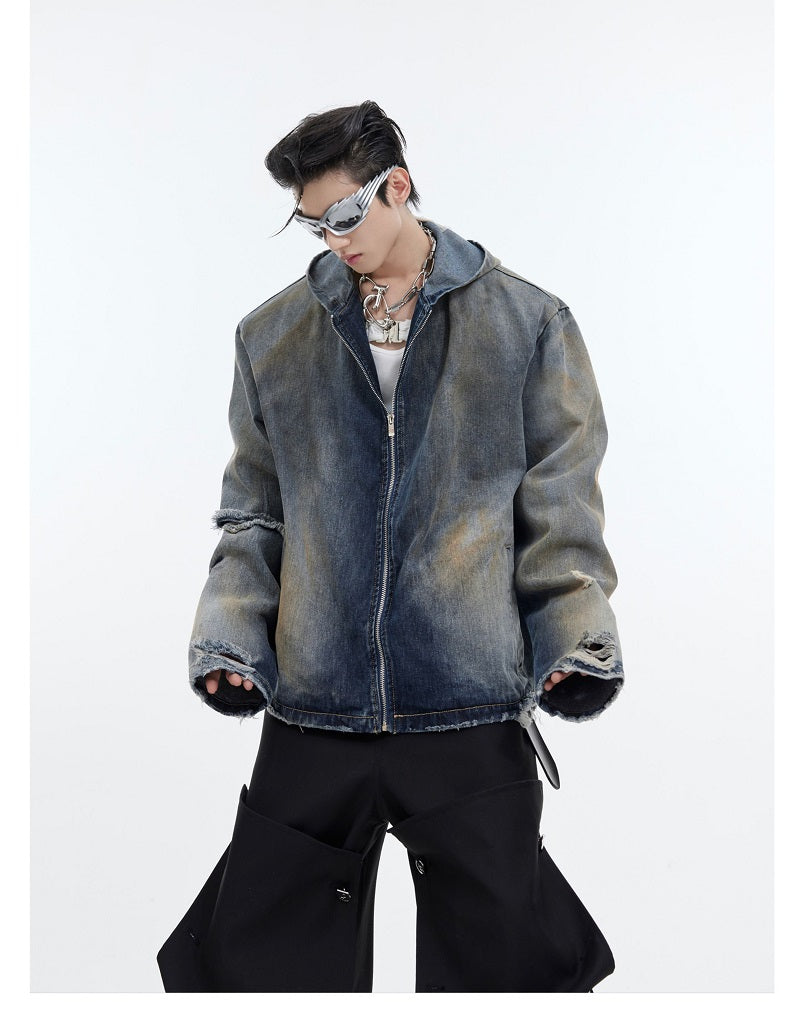 Design Sense Padded Shoulder Heavy Retro Distressed Hooded Denim Jacket
