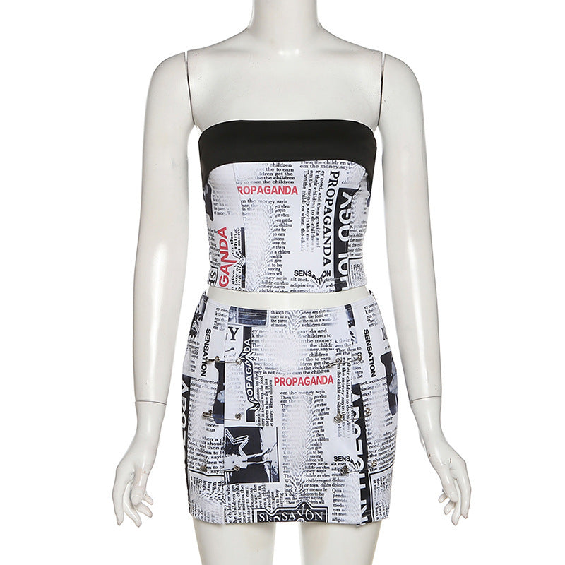 One Word Neck Tube Top Printed Vest Bag Hip Slim Skirt Suit