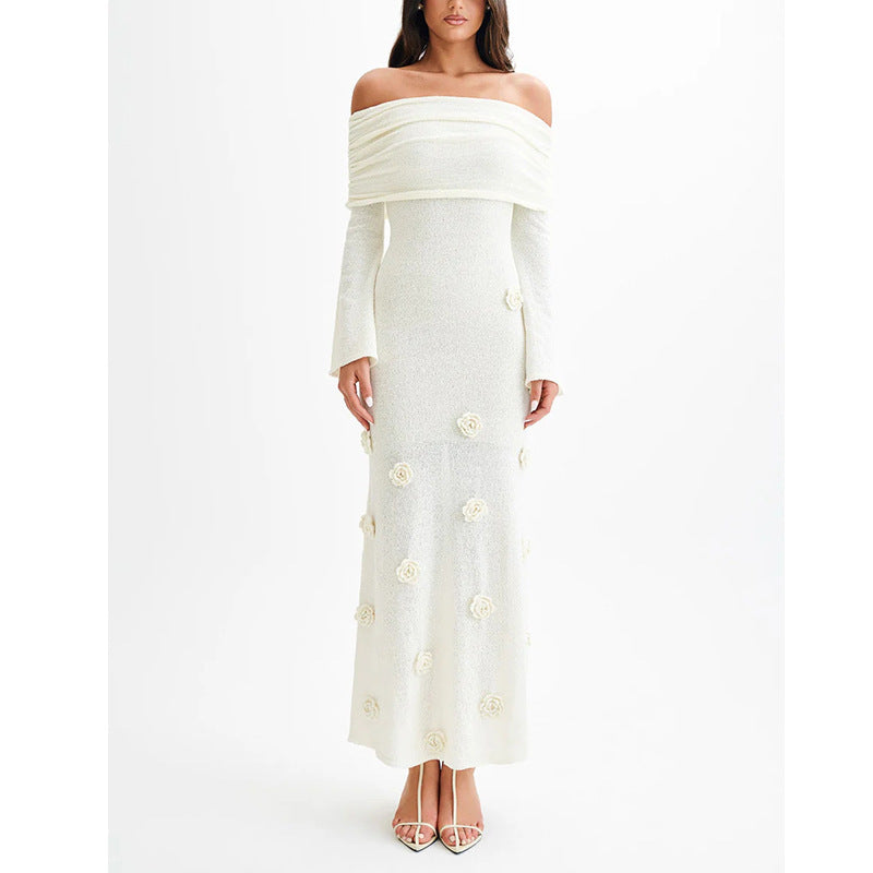 Three-dimensional Flower Dress Off-shoulder Knitted