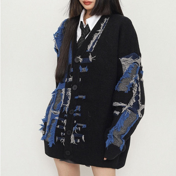 Retro Shabby Stitching Idle Style V-neck Cardigan Sweater