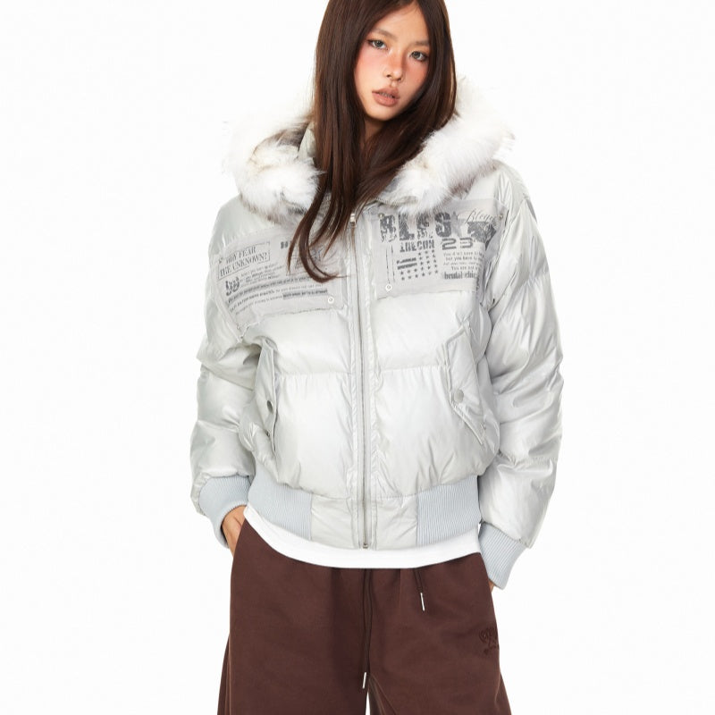 Personality Patch Fur Collar Hooded Cotton Coat Women's Winter American Style