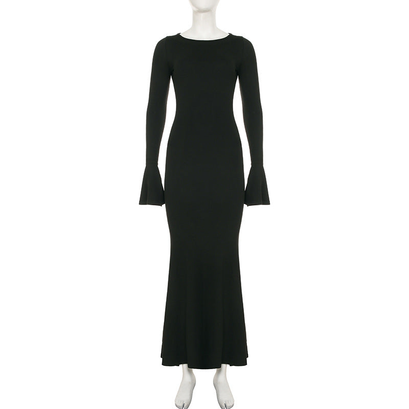 Solid Color Long Fashionable Elegant Backless Slim Fit Long Sleeve Dress