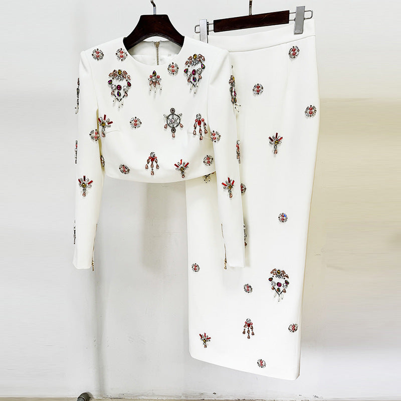 Fashion New Heavy Industry Beads Diamond Inlaid Short Top Long Skirt Suit Two-piece Set