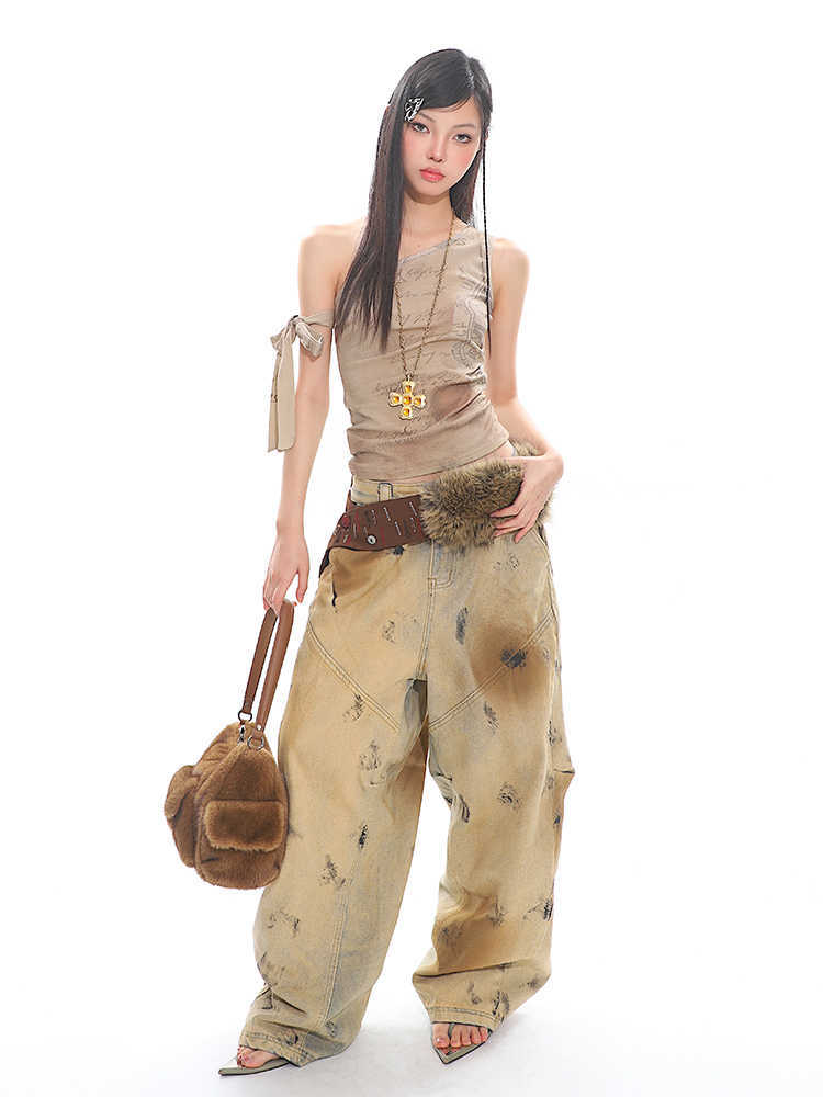 Washed Old Blooming Retro Machete Profile Loose Jeans