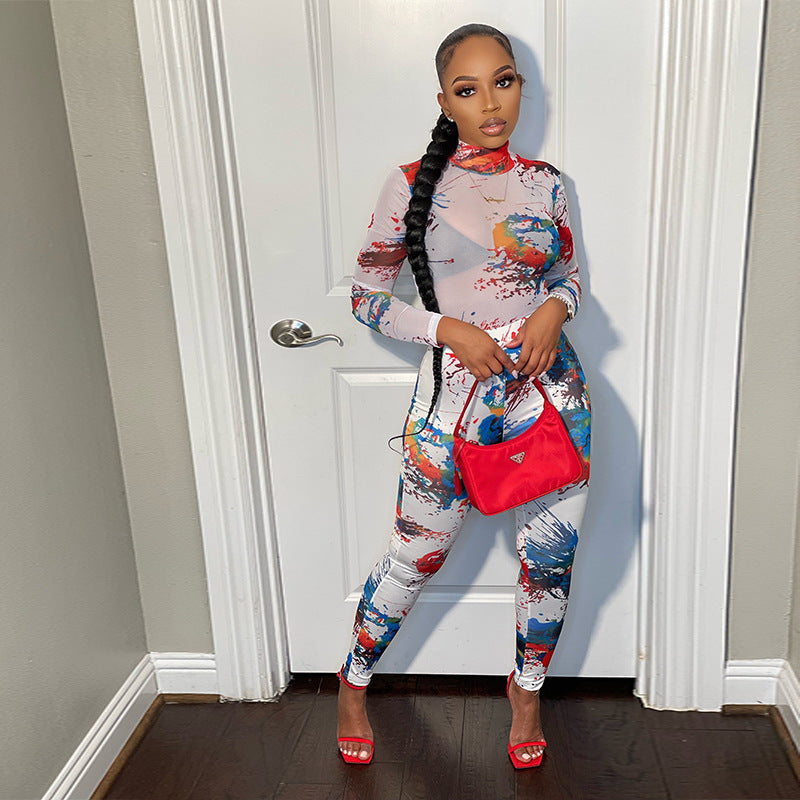 Ensemble décontracté à col roulé imprimé et manches longues, pantalon skinny taille haute