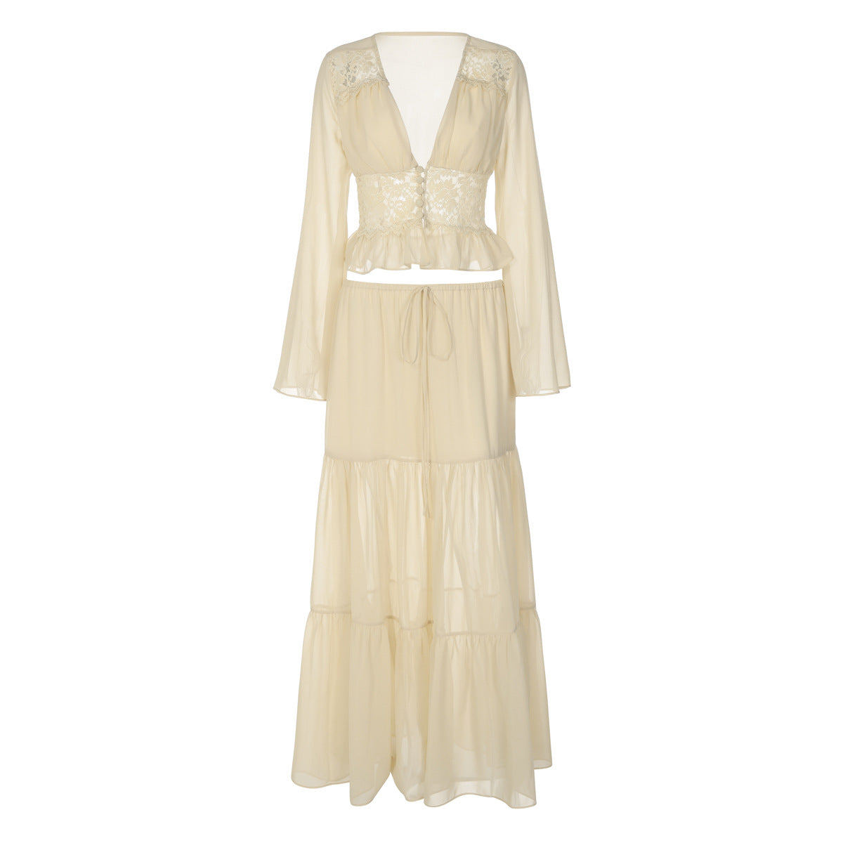 Womens Lace Chiffon Cardigan Top And Loose Long Skirt Set