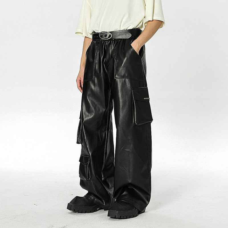 Loose Straight Casual American Retro Street PU Leather Pants