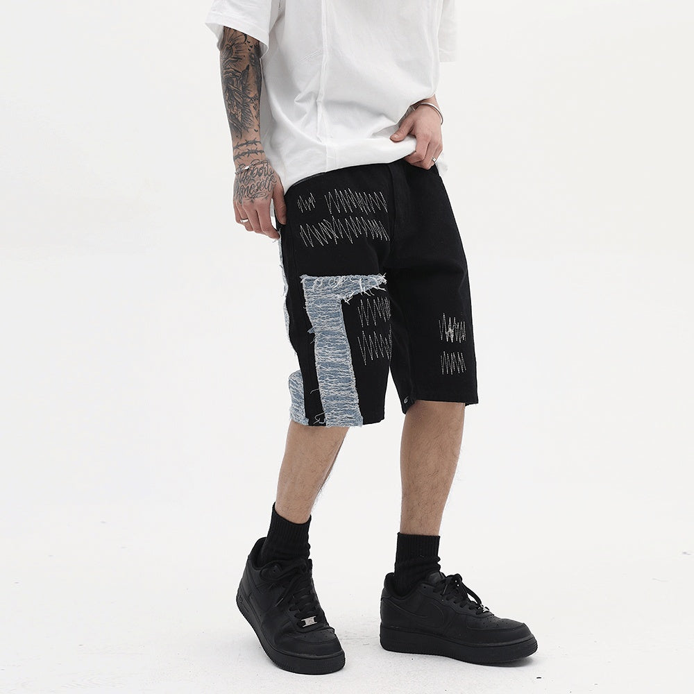 Contrast Panel Embroidered Denim Shorts