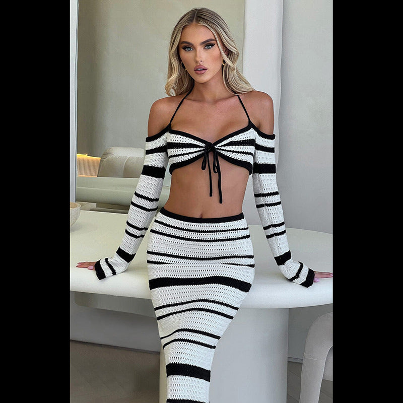 Striped Off-shoulder Halter Lace-up Long Sleeve