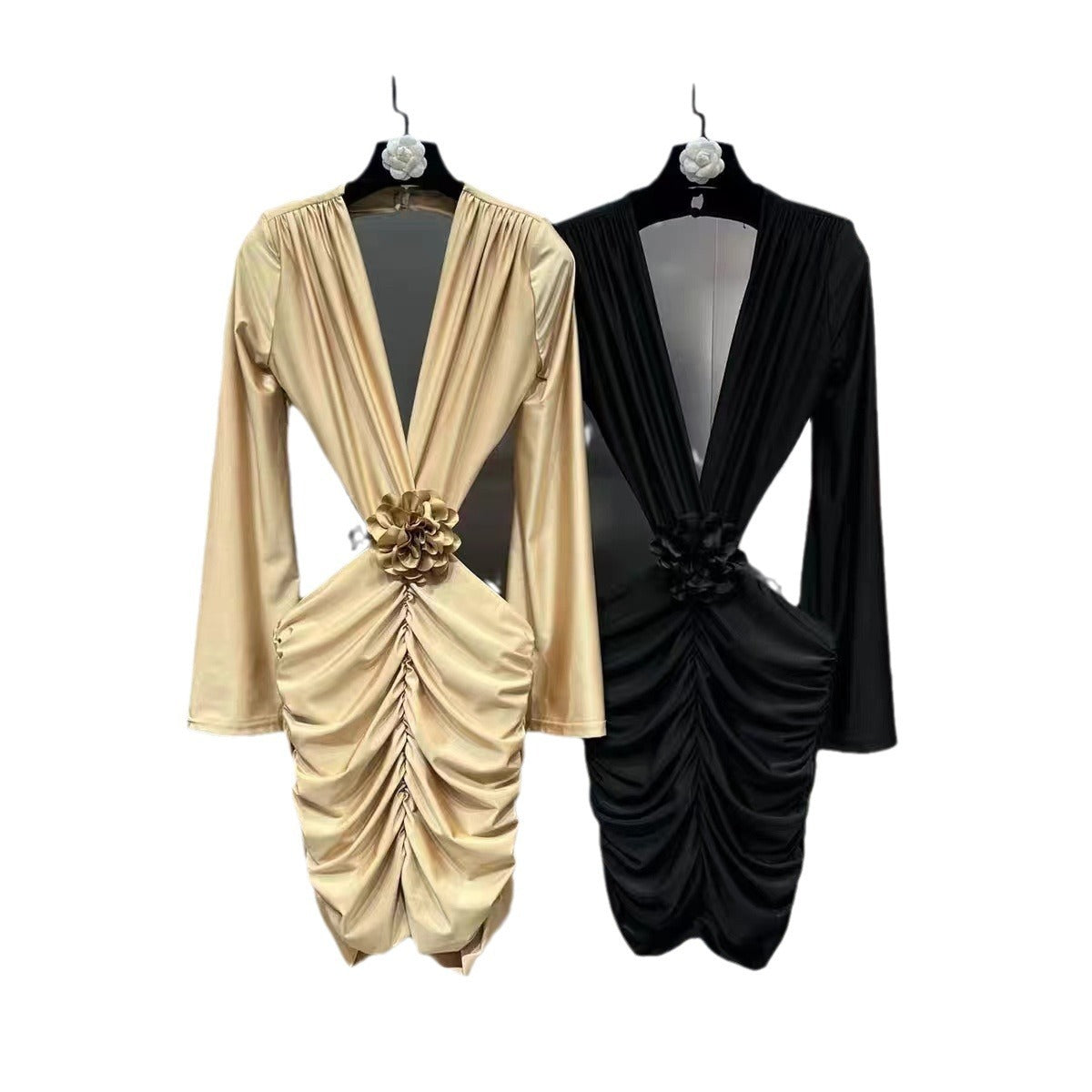 Fashion Deep V-neck Padded Shoulder Long Sleeve Waist Hollow Dress