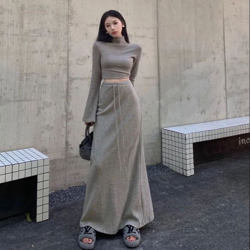 Spring And Autumn New Half Turtleneck Short Top High Waist Sheath Skirt Two-piece Set