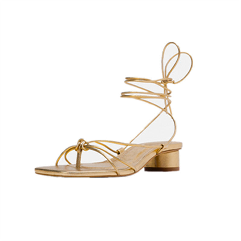 Lace-up Roman sandals chunky heel evening shoes